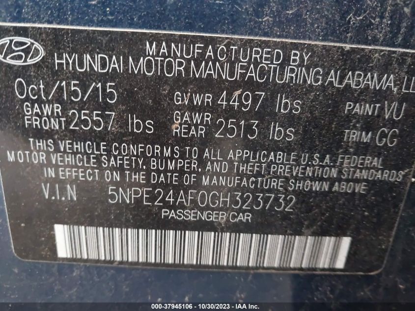 2016 Hyundai Sonata Se VIN: 5NPE24AF0GH323732 Lot: 37945106