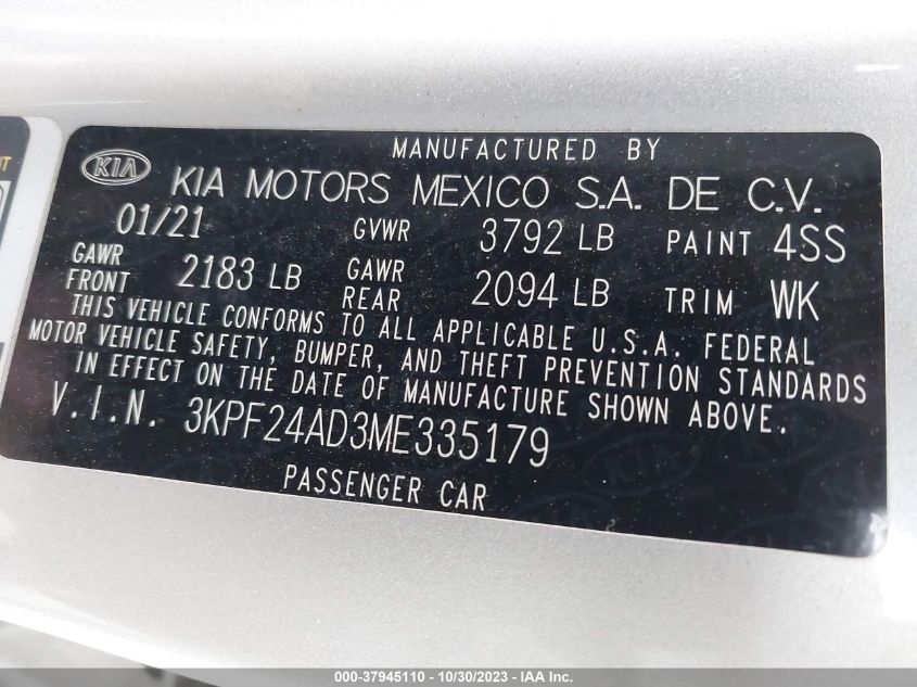 3KPF24AD3ME335179 2021 Kia Forte Lxs