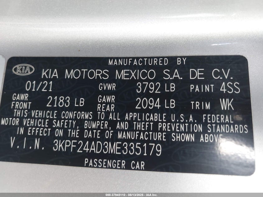 2021 Kia Forte Lxs VIN: 3KPF24AD3ME335179 Lot: 37945110