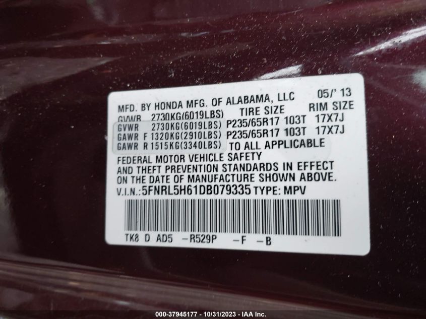 2013 Honda Odyssey Ex-L VIN: 5FNRL5H61DB079335 Lot: 37945177