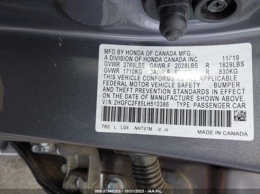 2020 Honda Civic Sport VIN: 2HGFC2F85LH510386 Lot: 37945203