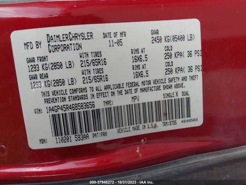 2006 Chrysler Town & Country VIN: 1A4GP45R46B583656 Lot: 37945272