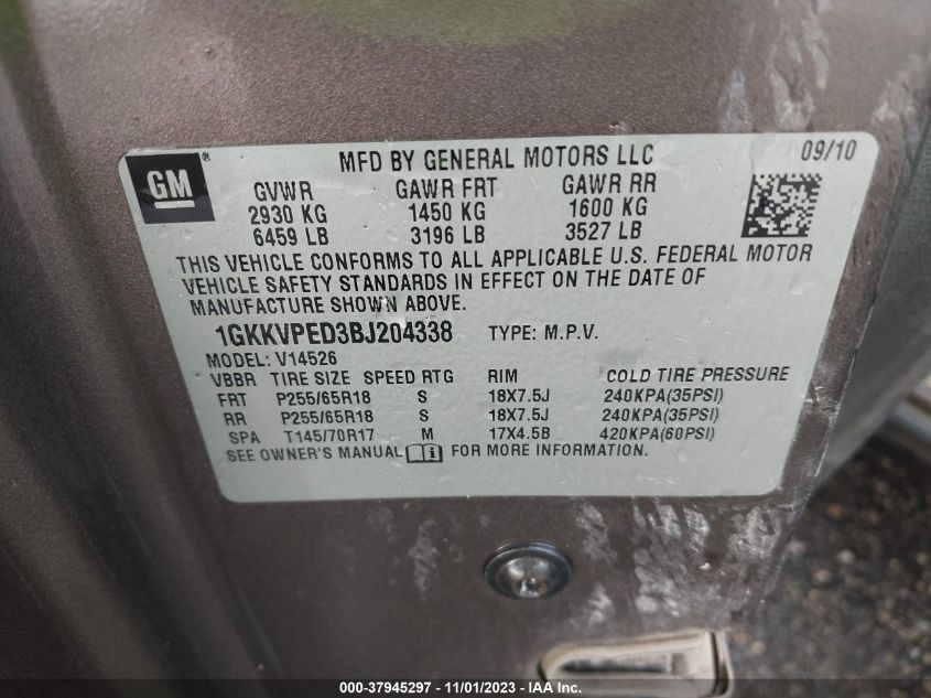 2011 GMC Acadia Sle VIN: 1GKKVPED3BJ204338 Lot: 37945297