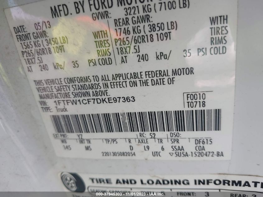 2013 Ford F-150 Xl/Xlt/Fx2/Lariat VIN: 1FTFW1CF7DKE97363 Lot: 37945303