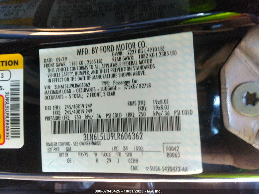 2020 Lincoln Mkz Hybrid Reserve VIN: 3LN6L5LU9LR606362 Lot: 37945425