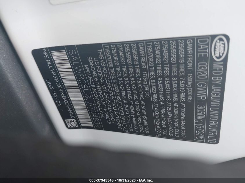 2020 Land Rover Range Rover Sport Hse Mhev VIN: SALWR2SU8LA734839 Lot: 37945546