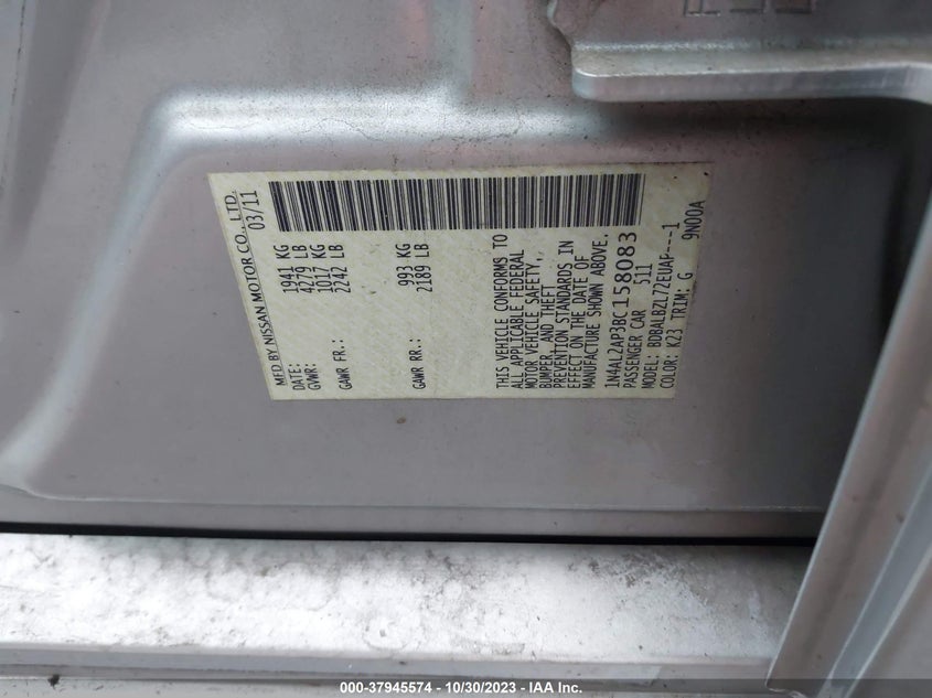 2011 Nissan Altima 2.5 S VIN: 1N4AL2AP3BC158083 Lot: 37945574