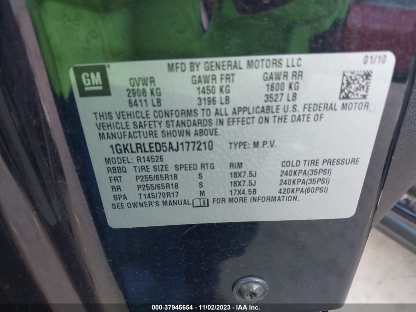 2010 GMC Acadia Sle VIN: 1GKLRLED5AJ177210 Lot: 37945654