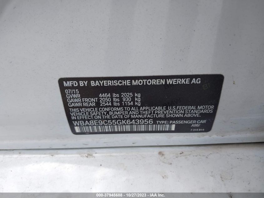 2016 BMW 3 Series 328I VIN: WBA8E9C55GK643956 Lot: 37945688