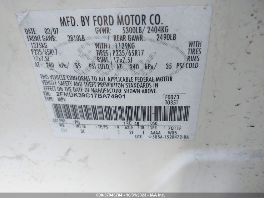 2007 Ford Edge Sel Plus VIN: 2FMDK39C17BA74901 Lot: 37945784