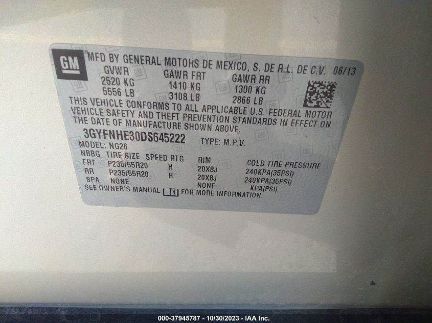 2013 Cadillac Srx Performance Collection VIN: 3GYFNHE30DS645222 Lot: 37945787