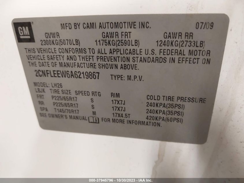 2010 Chevrolet Equinox Lt W/1Lt VIN: 2CNFLEEW6A6219867 Lot: 37945796