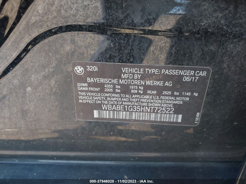 2017 BMW 320I VIN: WBA8E1G35HNT72522 Lot: 37946028