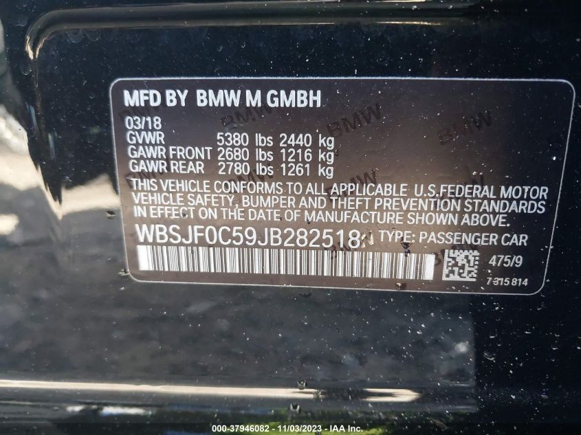 2018 BMW M5 VIN: WBSJF0C59JB282518 Lot: 37946082