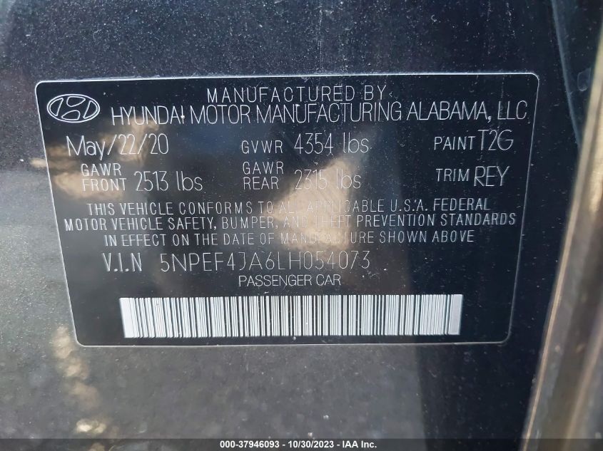 2020 Hyundai Sonata Sel VIN: 5NPEF4JA6LH054073 Lot: 37946093