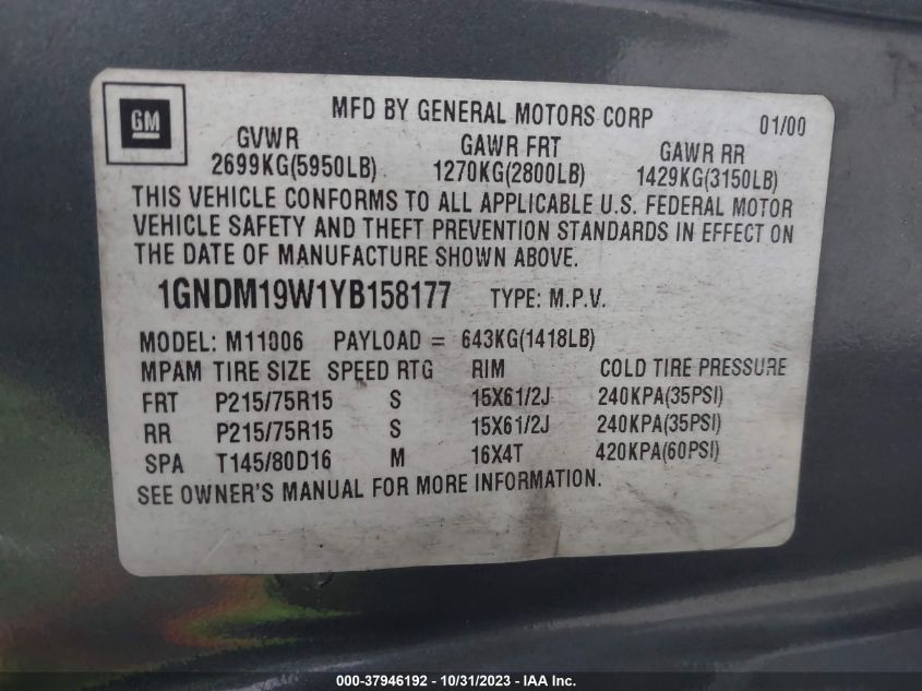 2000 Chevrolet Astro VIN: 1GNDM19W1YB158177 Lot: 37946192
