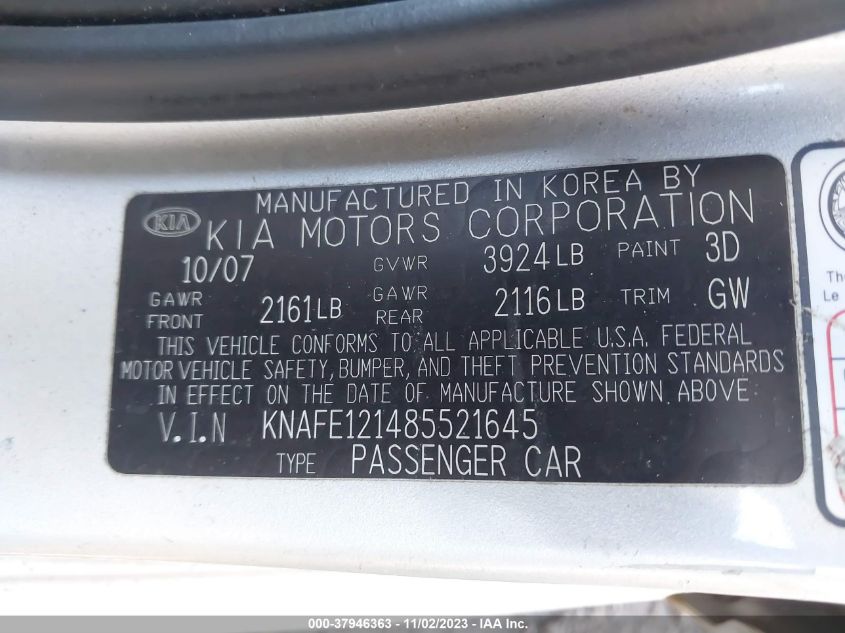 2008 Kia Spectra Ex VIN: KNAFE121485521645 Lot: 37946363