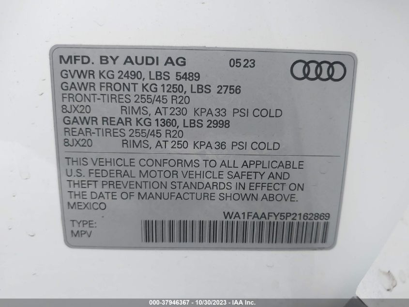 2023 Audi Q5 S Line Prestige VIN: WA1FAAFY5P2162869 Lot: 37946367