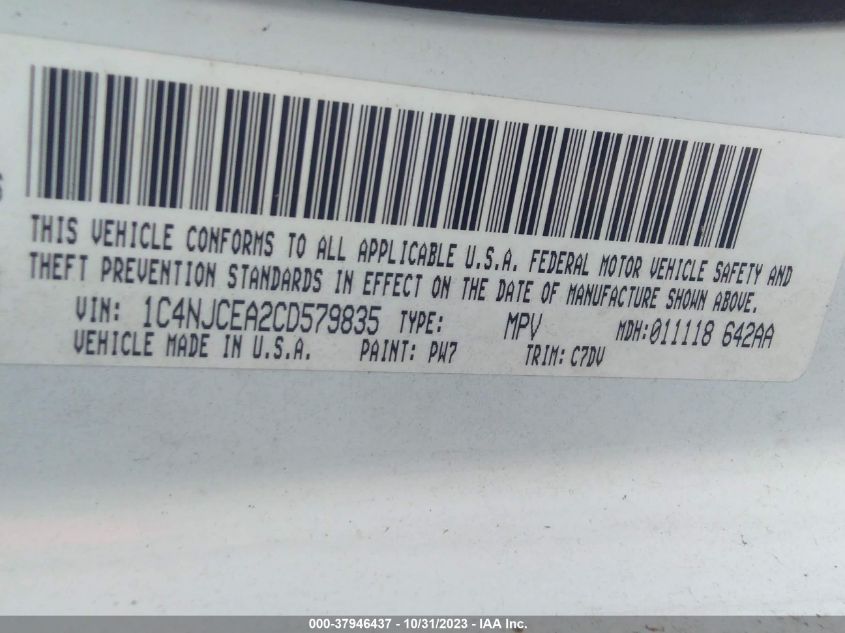 2012 Jeep Compass Latitude VIN: 1C4NJCEA2CD579835 Lot: 37946437
