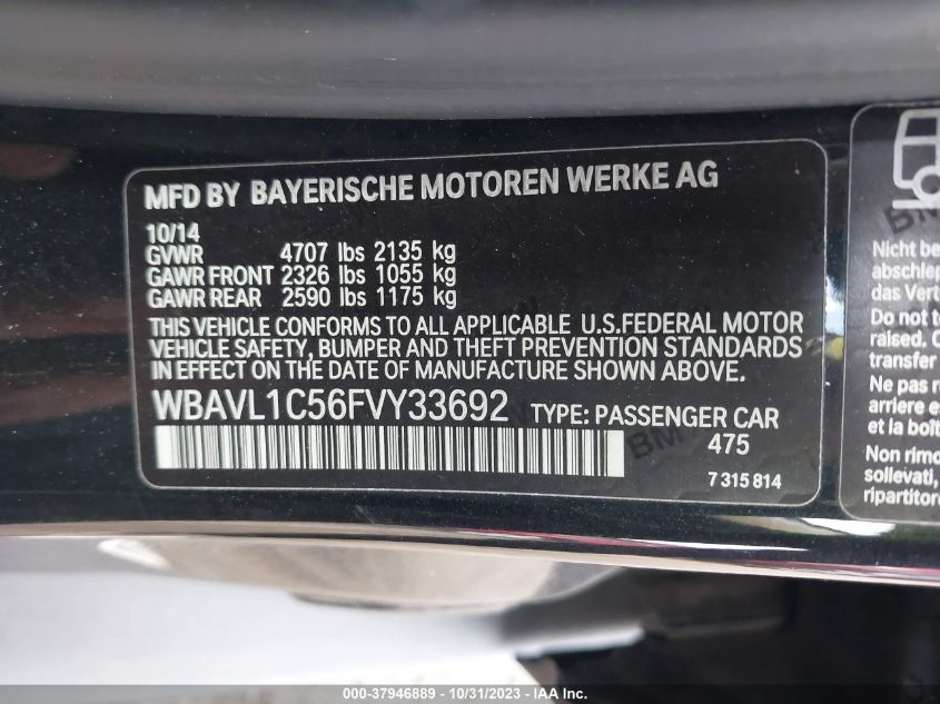 2015 BMW X1 xDrive28I VIN: WBAVL1C56FVY33692 Lot: 37946889