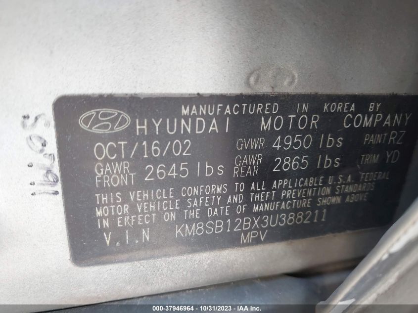 2003 Hyundai Santa Fe Base (A4)/Base (M5) VIN: KM8SB12BX3U388211 Lot: 37946964