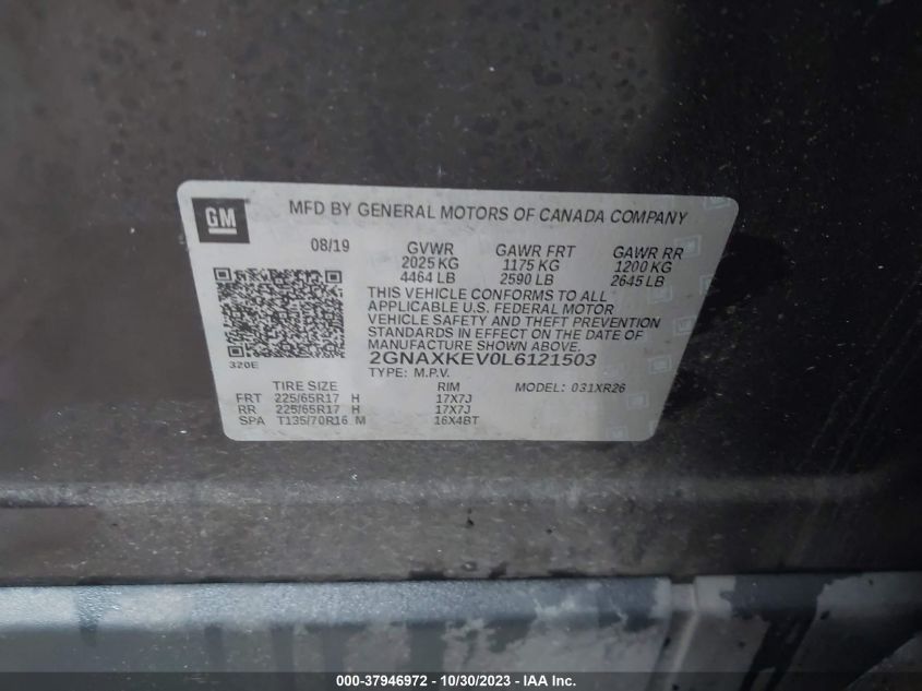 2020 Chevrolet Equinox Fwd Lt 1.5L Turbo VIN: 2GNAXKEV0L6121503 Lot: 37946972