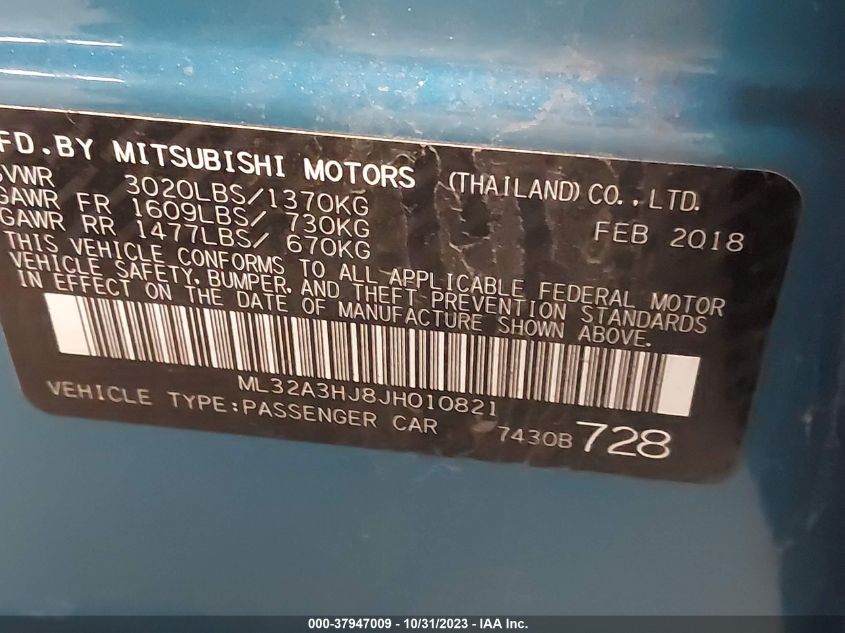 2018 Mitsubishi Mirage Es VIN: ML32A3HJ8JH010821 Lot: 37947009