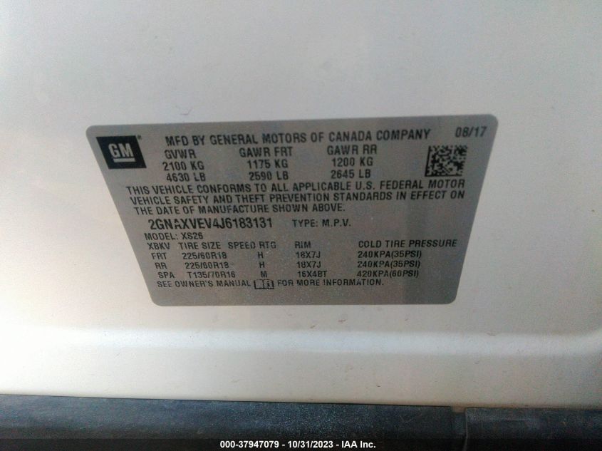 2018 Chevrolet Equinox Premier VIN: 2GNAXVEV4J6183131 Lot: 37947079