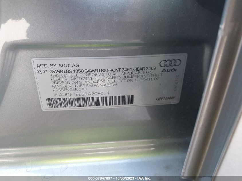 2007 Audi A4 2.0T VIN: WAUDF78E27A206074 Lot: 37947097