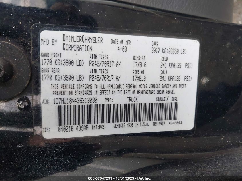 2003 Dodge Ram 1500 St/Slt VIN: 1D7HU18N43S313080 Lot: 37947293