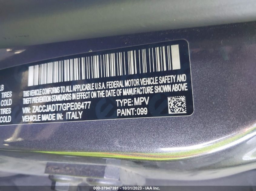 2016 Jeep Renegade Limited VIN: ZACCJADT7GPE06477 Lot: 37947391