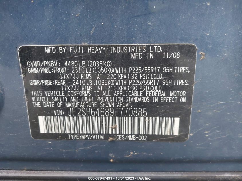 2009 Subaru Forester X Limited VIN: JF2SH64689H770885 Lot: 37947491