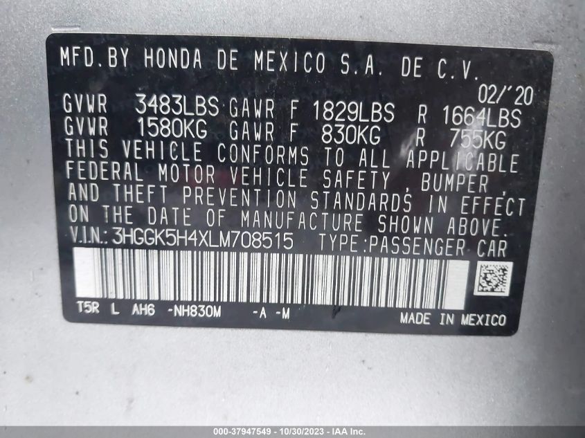 2020 Honda Fit Lx VIN: 3HGGK5H4XLM708515 Lot: 37947549