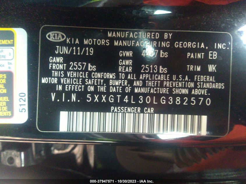 2020 Kia Optima Lx VIN: 5XXGT4L30LG382570 Lot: 37947571