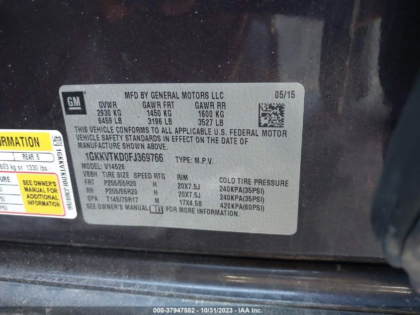 2015 GMC Acadia Denali VIN: 1GKKVTKD0FJ369766 Lot: 37947582