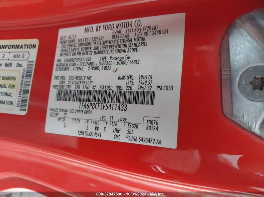 2015 Ford Mustang Gt Premium VIN: 1FA6P8CF5F5411433 Lot: 37947590