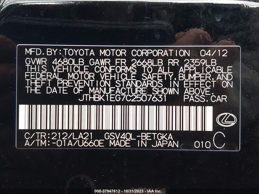 2012 Lexus Es 350 VIN: JTHBK1EG7C2507631 Lot: 37947612