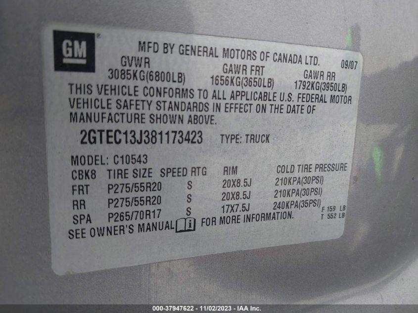 2008 GMC Sierra 1500 Sle1 VIN: 2GTEC13J381173423 Lot: 37947622