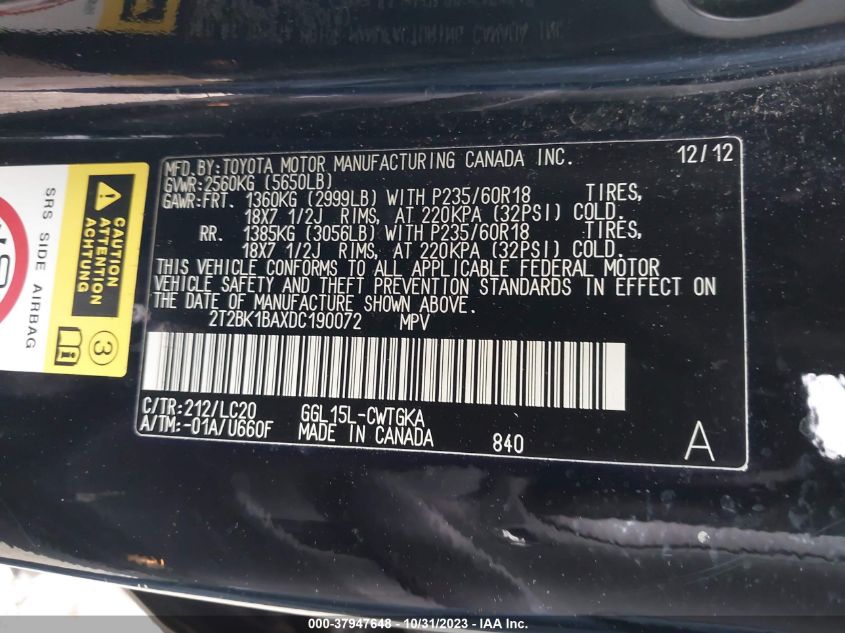 2013 Lexus Rx 350 VIN: 2T2BK1BAXDC190072 Lot: 37947648