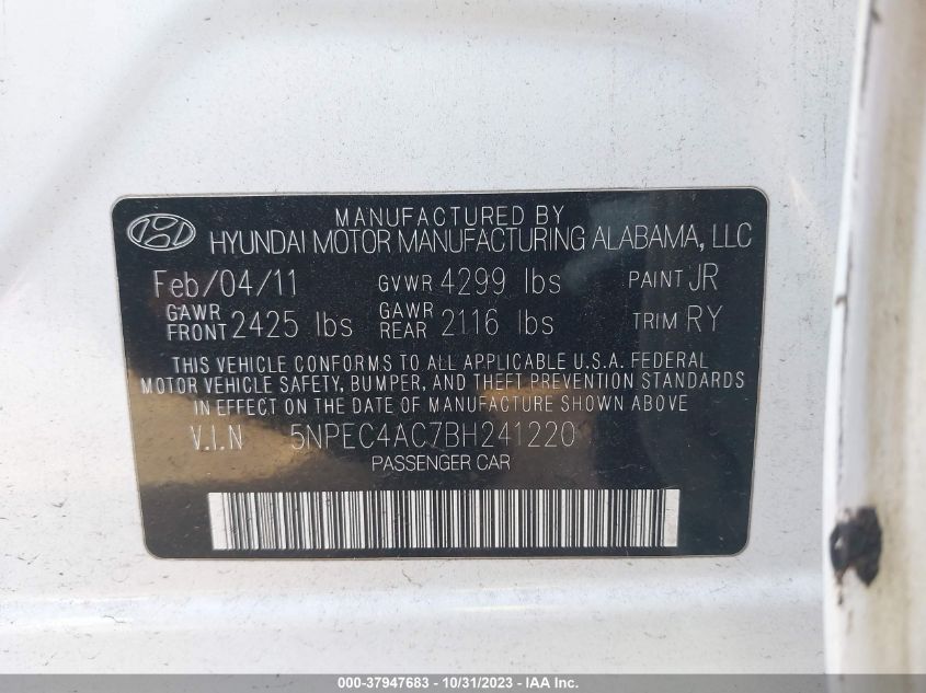 2011 Hyundai Sonata Ltd Pzev VIN: 5NPEC4AC7BH241220 Lot: 37947683