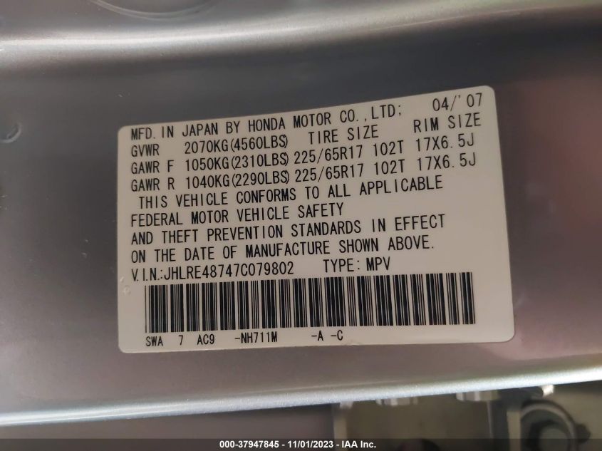 2007 Honda Cr-V Ex-L VIN: JHLRE48747C079802 Lot: 37947845