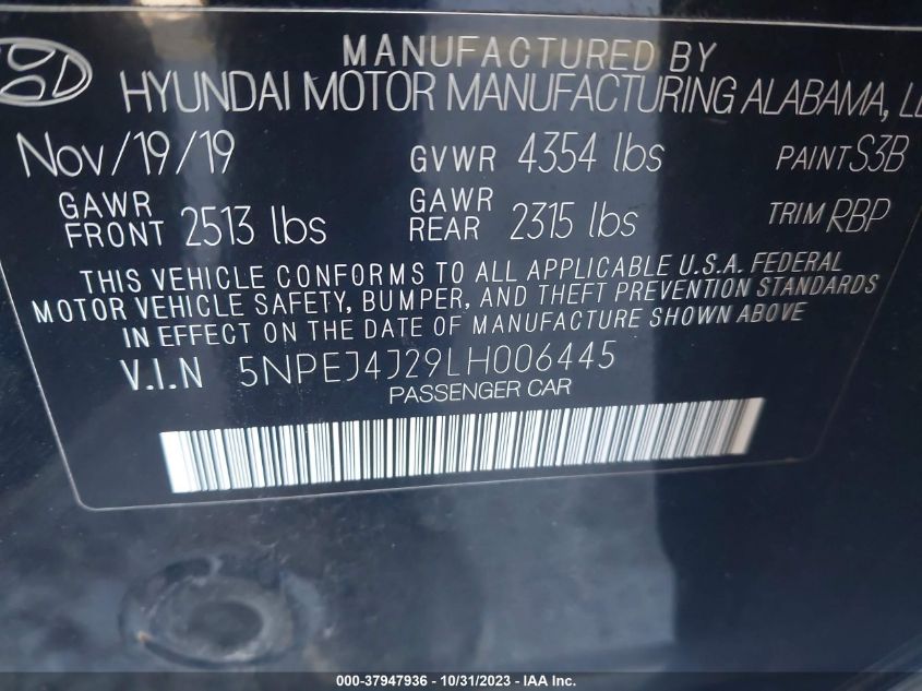 2020 Hyundai Sonata Sel Plus VIN: 5NPEJ4J29LH006445 Lot: 37947936