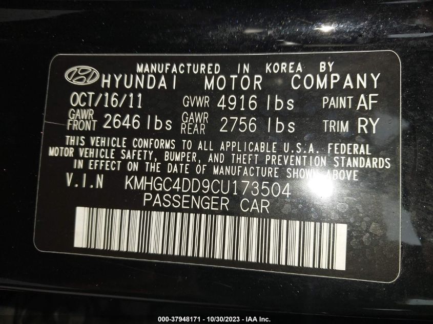 2012 Hyundai Genesis 3.8 VIN: KMHGC4DD9CU173504 Lot: 37948171