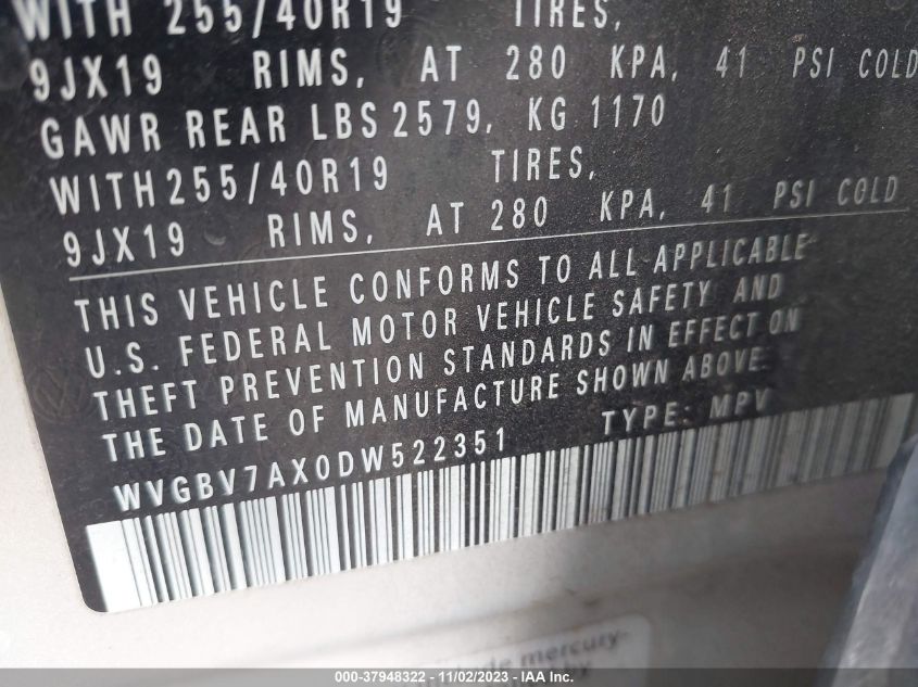 2013 Volkswagen Tiguan Sel VIN: WVGBV7AX0DW522351 Lot: 37948322