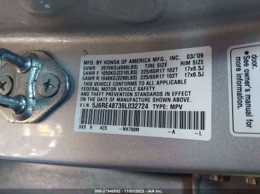 2009 Honda Cr-V Ex-L VIN: 5J6RE48739L032724 Lot: 37948592