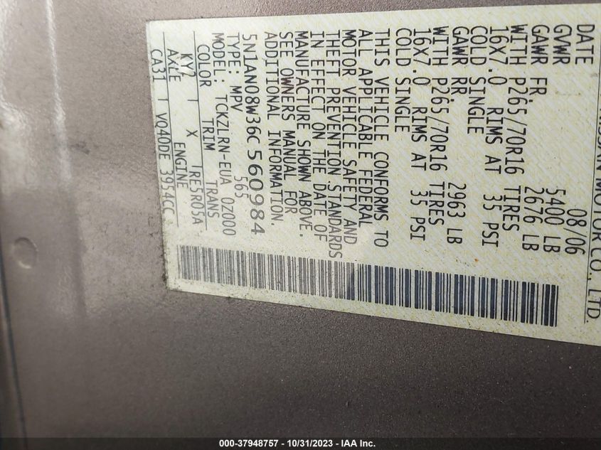 2006 Nissan Xterra S VIN: 5N1AN08W36C560984 Lot: 37948757