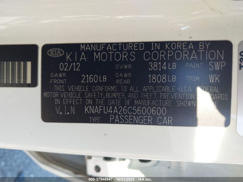 2012 Kia Forte Ex VIN: KNAFU4A26C5600600 Lot: 37948947