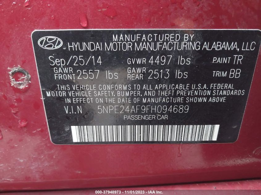 2015 Hyundai Sonata Se VIN: 5NPE24AF9FH094689 Lot: 37948973