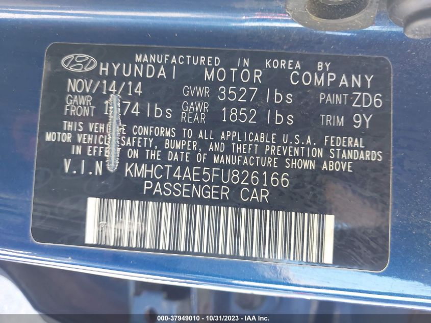 2015 Hyundai Accent Gls VIN: KMHCT4AE5FU826166 Lot: 37949010