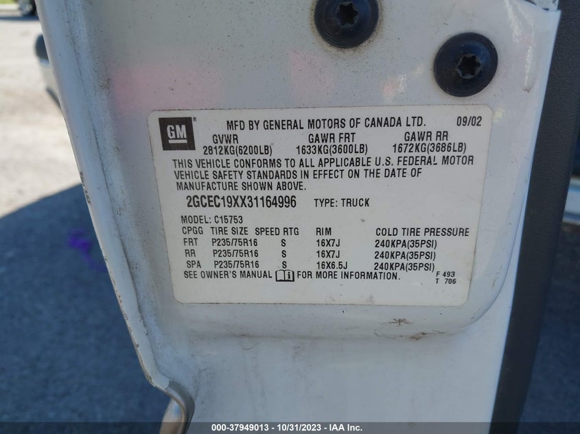 2003 Chevrolet Silverado 1500 Ls VIN: 2GCEC19XX31164996 Lot: 37949013